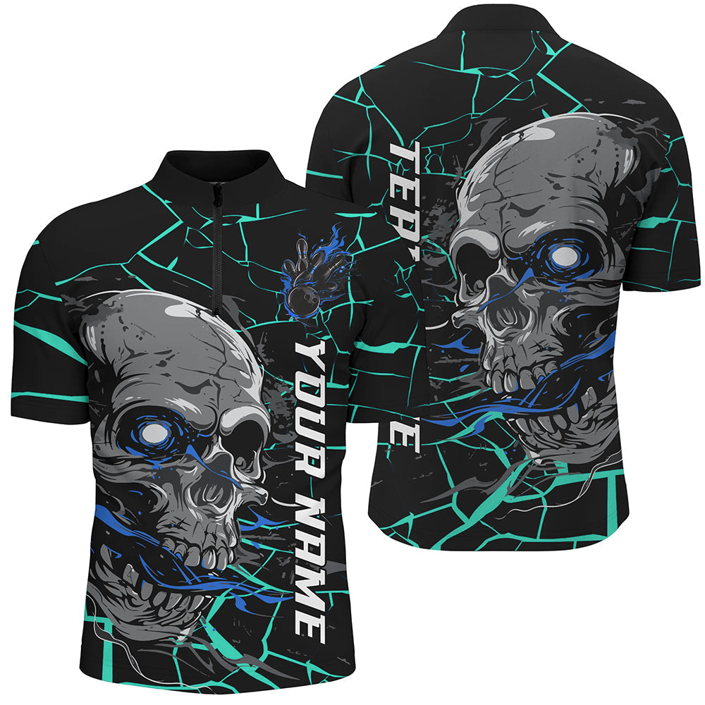 Men's Custom Blue Halloween Skull Bowling Shirt I7096