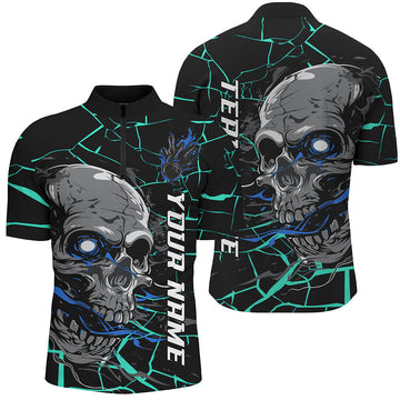 Men's Custom Blue Halloween Skull Bowling Shirt I7096