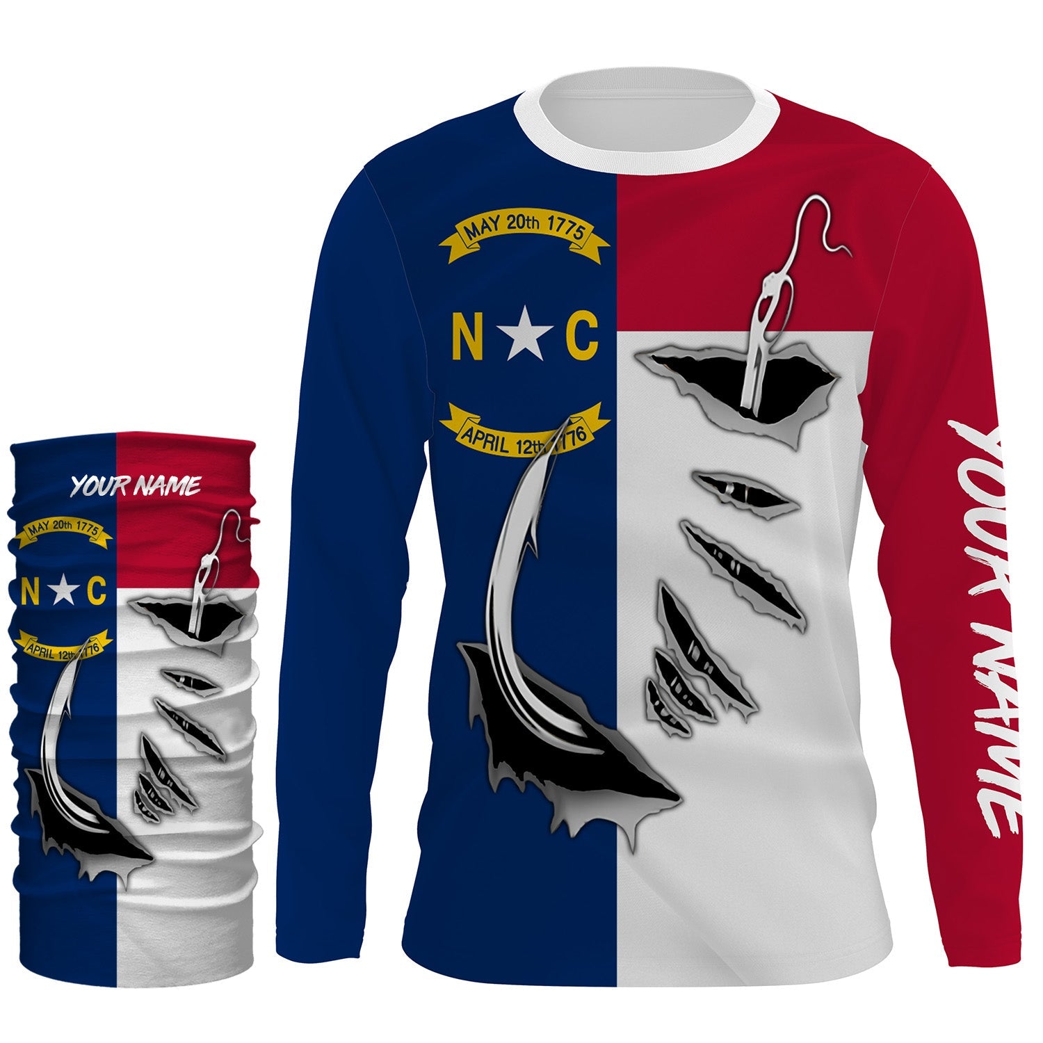 NC North Carolina Flag Fishing 3D Fish Hook UV protection quick dry customize name long sleeves shirts personalized Patriotic fishing apparel gift for Fishing lovers IPH1905