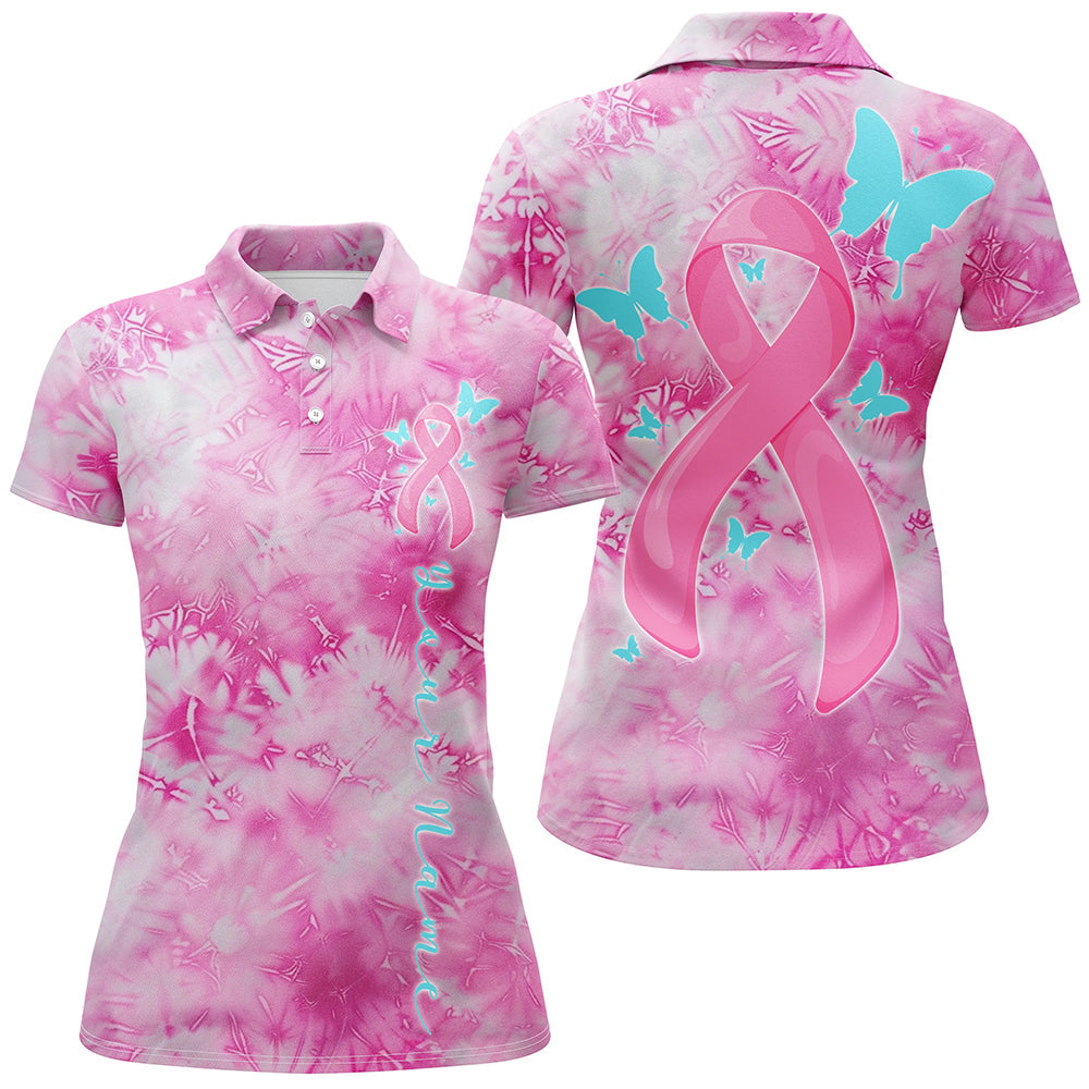 Pink Tie Dye Breast Cancer Awareness Polo Shirt for Women I7124