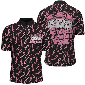 Funny Halloween Breast Cancer Polo Shirt for Men - 'In October We Wear Pink' I7125