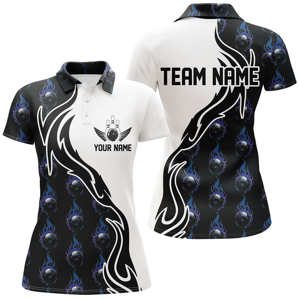 Women's Blue Flame Bowling Polo Shirt, Custom Team Jersey I6948