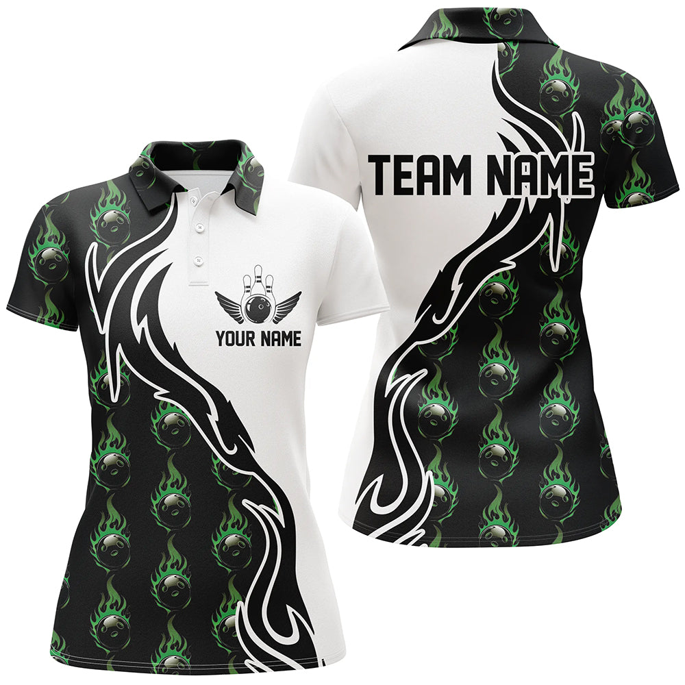 Women's Green Flame Bowling Polo Shirt, Custom Team Jersey I6949