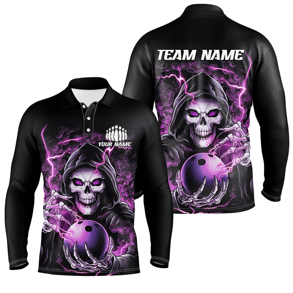 Men's Purple Skull Halloween Long Sleeve Bowling Polo I6802
