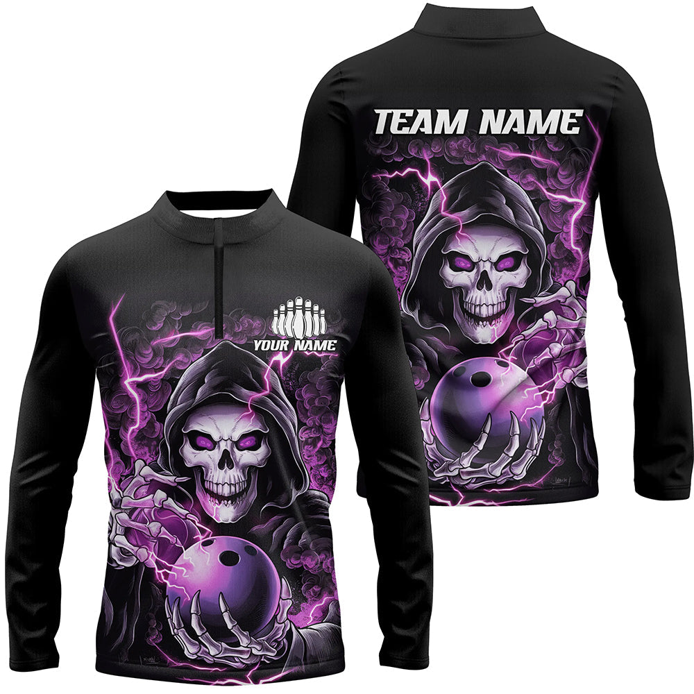 Men's Purple Skull Halloween Bowling Long Sleeve Quarter Zip I6802