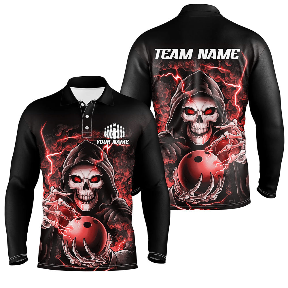 Custom Red Skull Long Sleeve Polo Shirt for Men - Halloween Bowling Team I6803