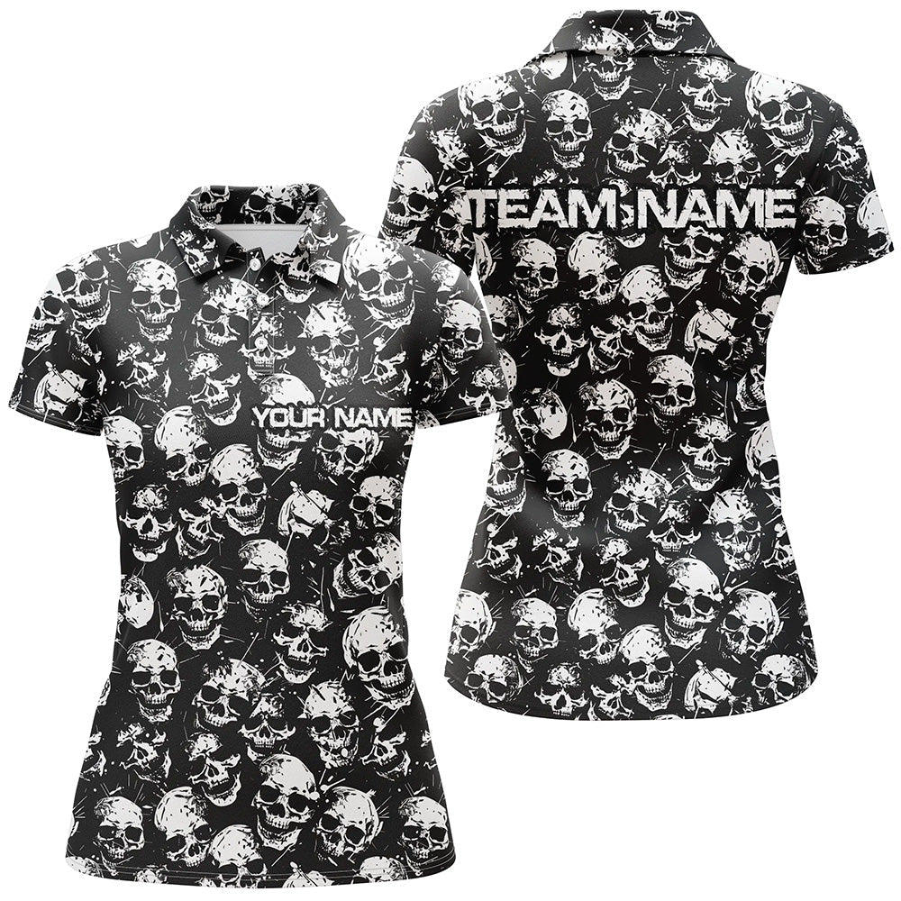 Black & White Skull Halloween Ladies Bowling Shirt I7162