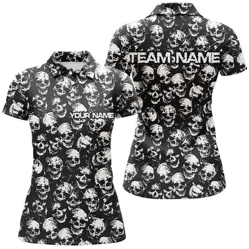 Black & White Skull Halloween Ladies Bowling Shirt I7162