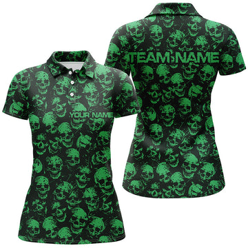 Black & Green Skull Halloween Bowling Shirt for Women I7164