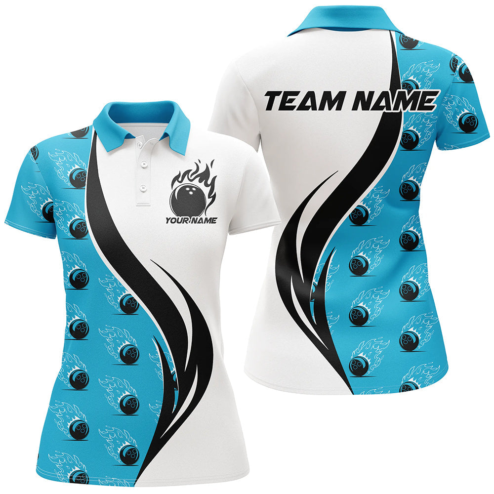 Women's Blue Bowling Polo Shirt - Custom Flame Team Uniform I6974