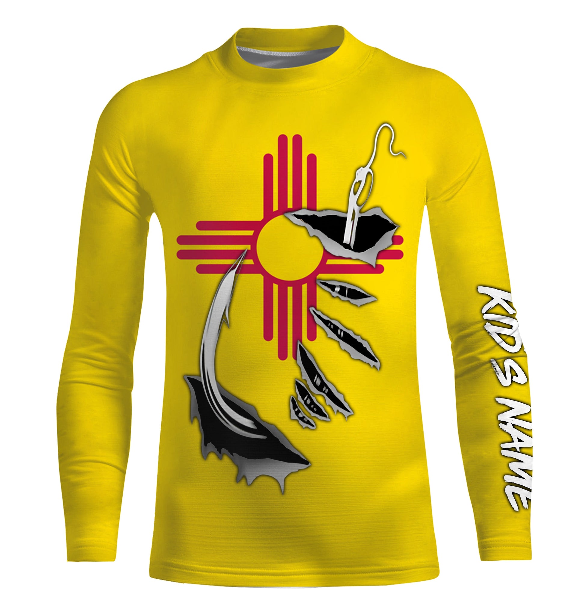 NM Fishing 3D Fish Hook New Mexico Flag UV protection quick dry customize name Kid long sleeves shirts personalized fishing apparel gift for Fishing lovers IPHW472