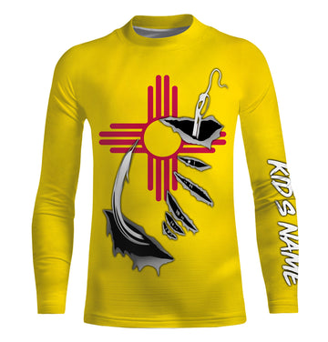 NM Fishing 3D Fish Hook New Mexico Flag UV protection quick dry customize name Kid long sleeves shirts personalized fishing apparel gift for Fishing lovers IPHW472