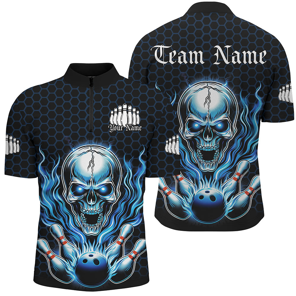 Men's Custom Blue Flame Halloween Bowling Quarter Zip Shirt I6858