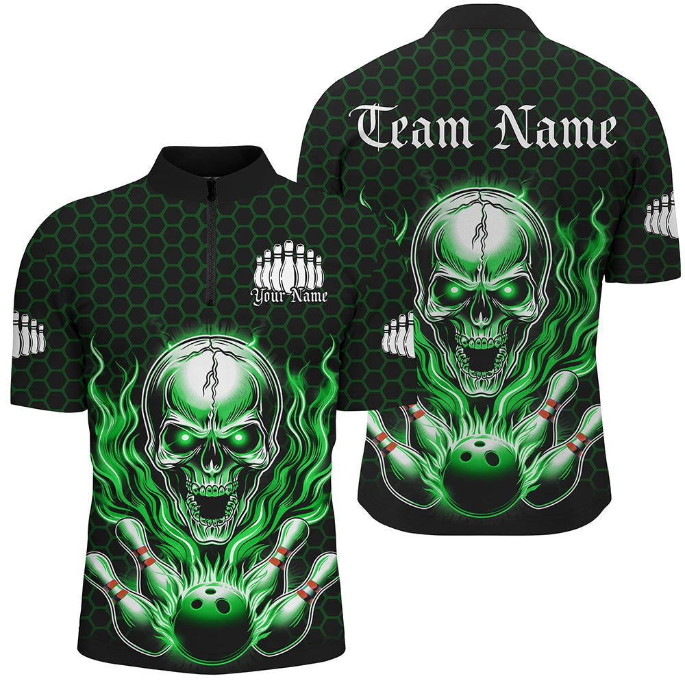 Men's Green Flame Bowling Quarter Zip Shirt - Halloween Skull Design I6859