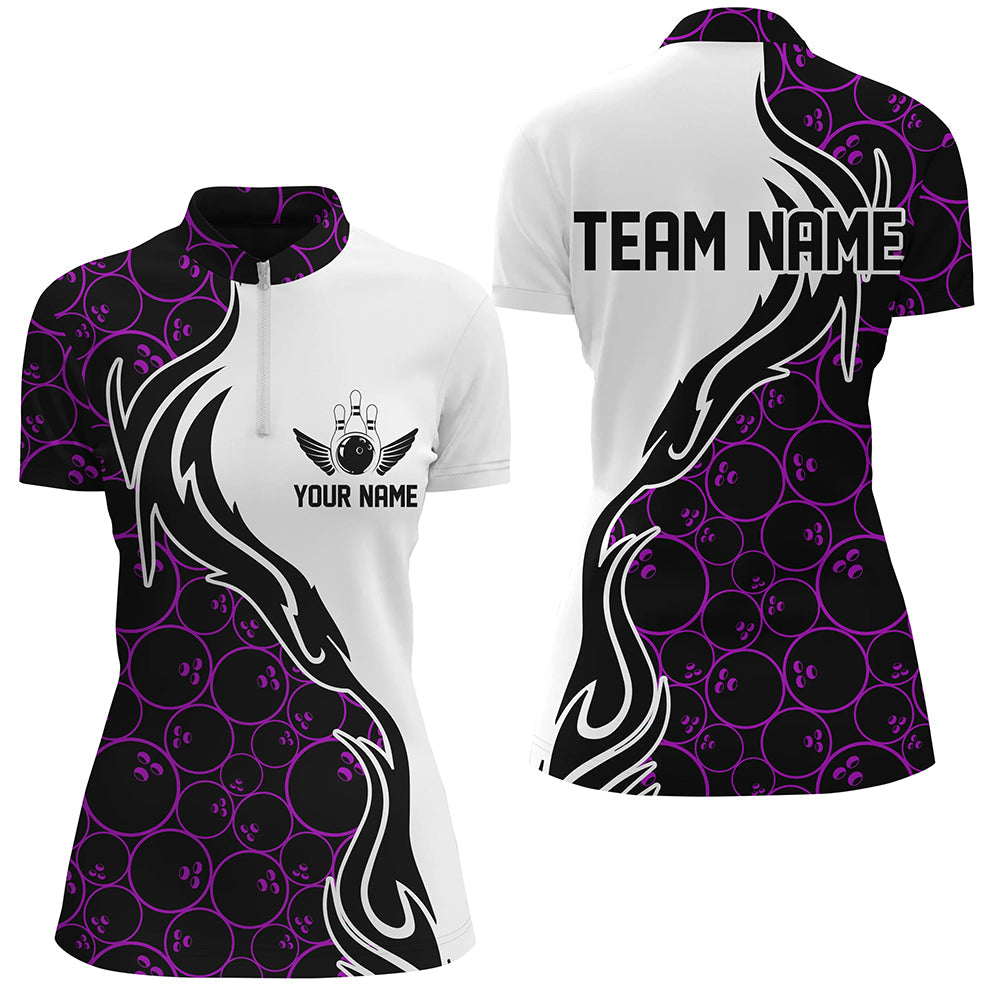 Women's Purple Bowling Quarter Zip Shirt - Flame Team Jersey I5310