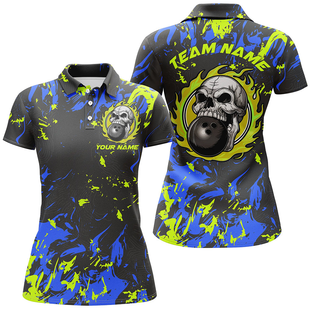 Women's Blue & Green Flame Skull Bowling Jerseys I6707
