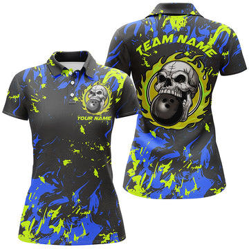 Women's Blue & Green Flame Skull Bowling Jerseys I6707