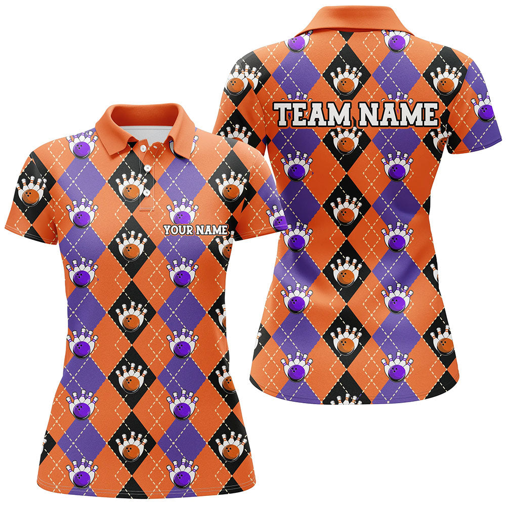 Custom Ladies Bowling Shirt - Purple & Orange Argyle, Halloween Theme I7296
