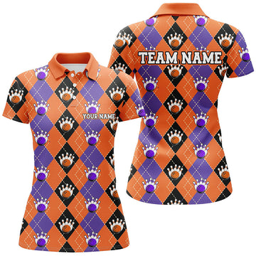 Custom Ladies Bowling Shirt - Purple & Orange Argyle, Halloween Theme I7296