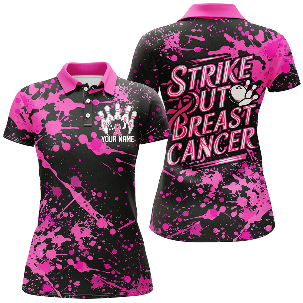 Black Pinstripe Breast Cancer Ladies Bowling Shirt I7049