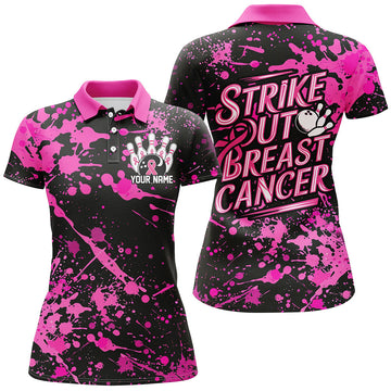 Black Pinstripe Breast Cancer Ladies Bowling Shirt I7049