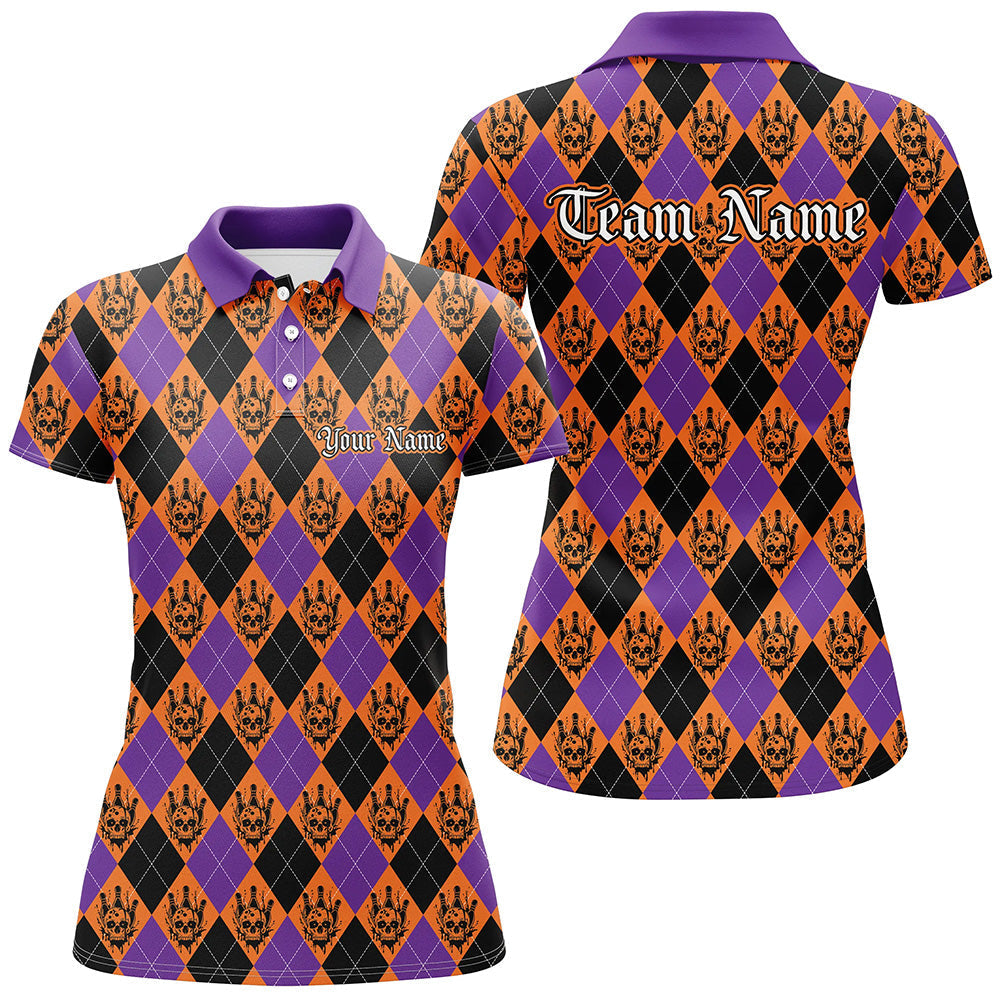 Orange & Purple Argyle Halloween Bowling Shirt for Women I7302