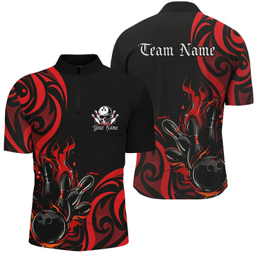 Men's Custom Black & Red Flame Bowling Shirts I7322