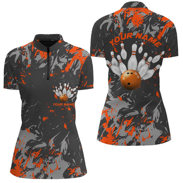 Women's Black & Orange Camo Bowling Team Quarter Zip Shirt I5361