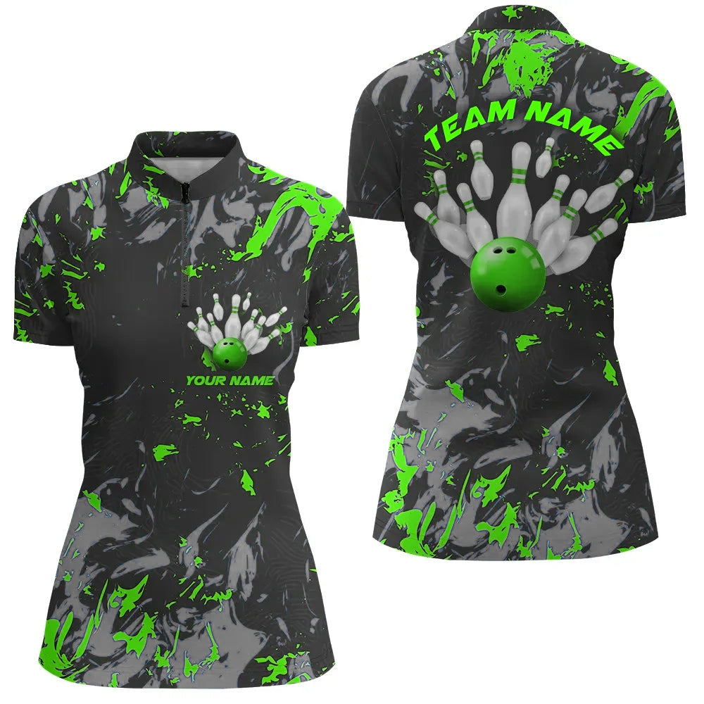 Women's Black & Green Camo Bowling Team Quarter Zip Shirt I5362