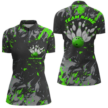 Women's Black & Green Camo Bowling Team Quarter Zip Shirt I5362