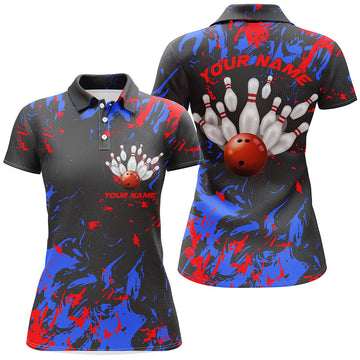 Custom Women's Blue & Red Camo Bowling Polo Shirts I5363