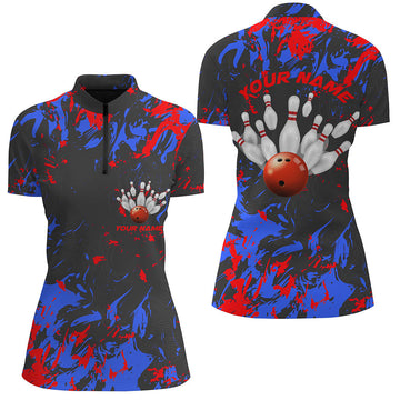 Women's Custom Blue & Red Camo Bowling Quarter Zip Shirt I5363