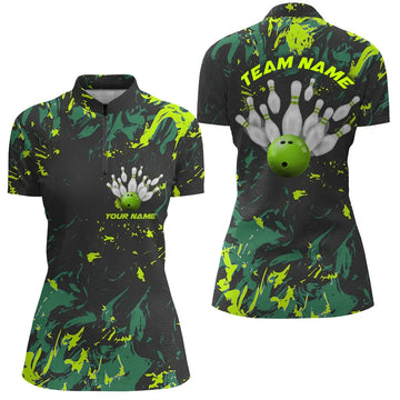 Women's Black & Green Camo Bowling Team Quarter Zip Shirt I5364
