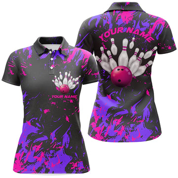 Custom Women's Purple & Pink Camo Bowling Polo Shirts I5365