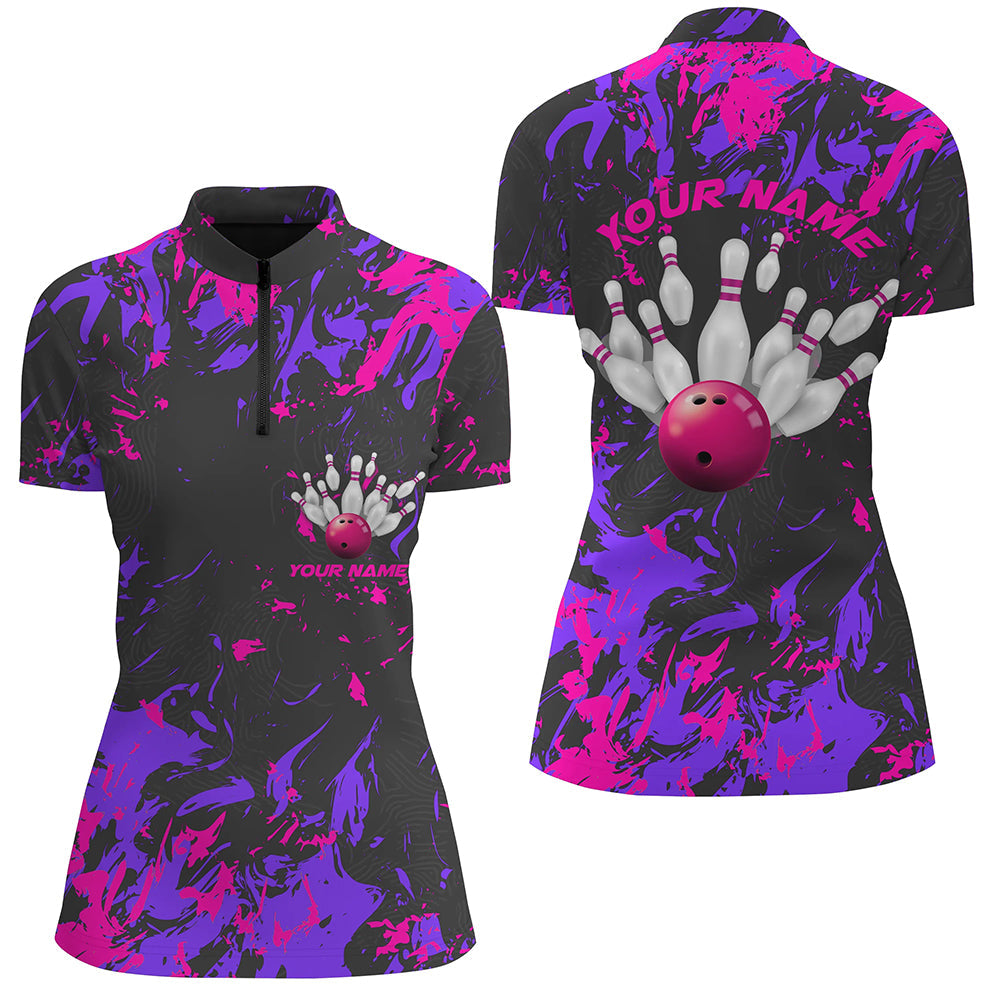 Custom Women's Purple & Pink Camo Bowling Quarter Zip Shirts I5365