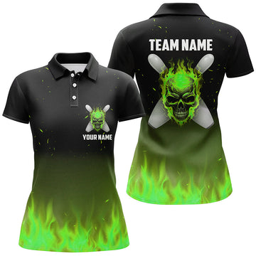 Green Flame Skull Ladies Bowling Polo Shirt - Custom Halloween Team Jersey I5373