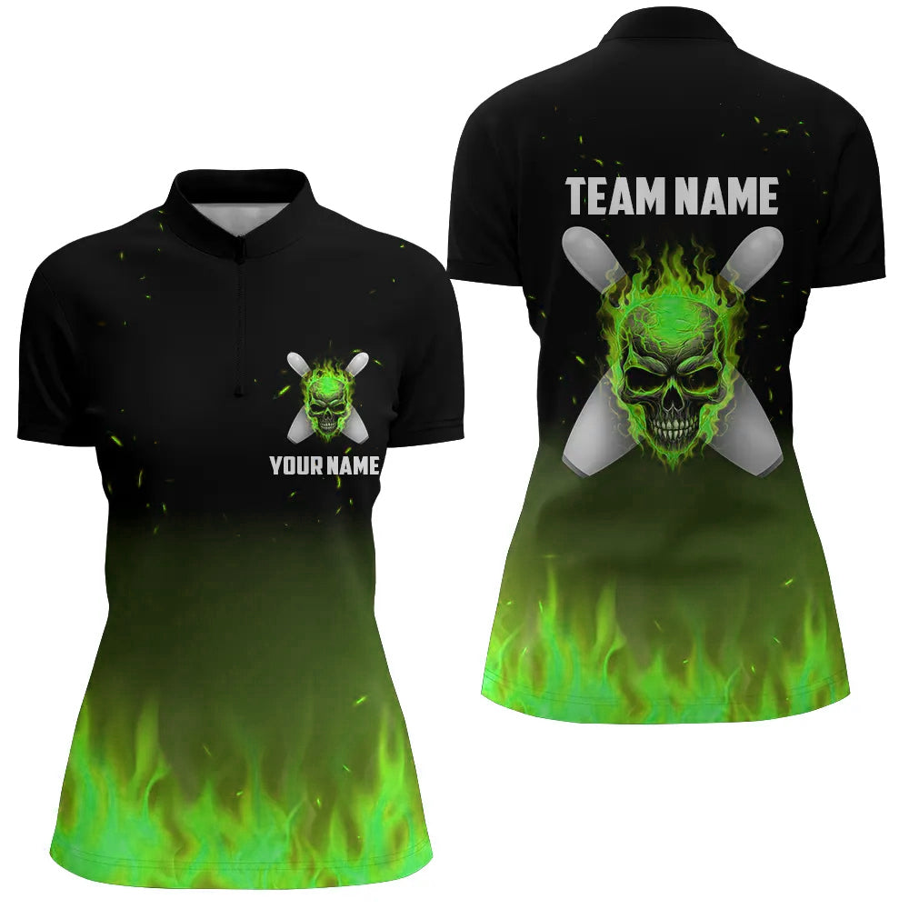 Green Flame Skull Ladies Bowling Quarter Zip Jersey I5373