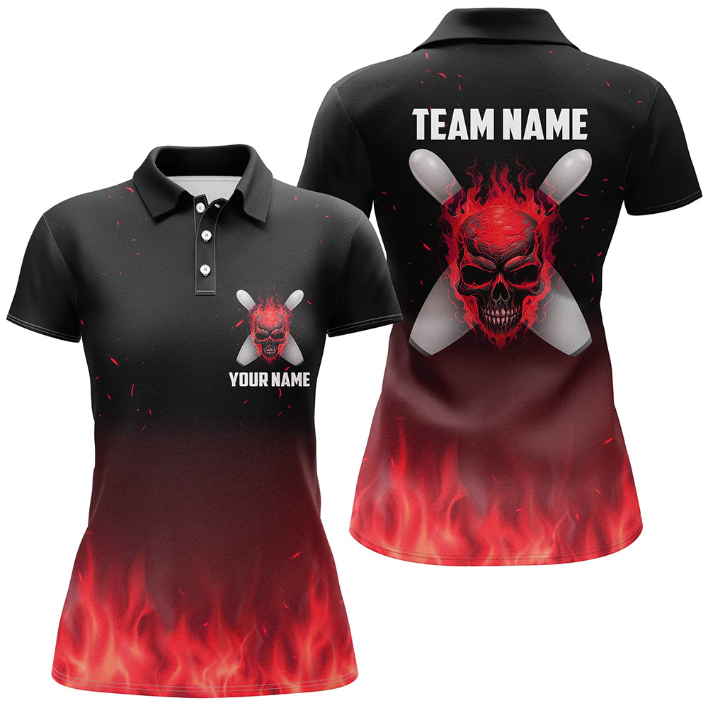 Red Flame Skull Ladies Bowling Polo Shirt - Custom Halloween Team Jersey I5374