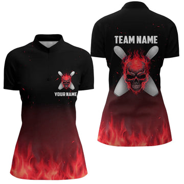Red Flame Skull Ladies Bowling Quarter Zip Jersey I5374