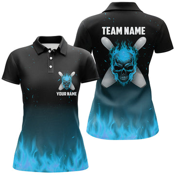 Blue Flame Skull Ladies Bowling Polo Shirt - Custom Halloween Team Jersey I5375