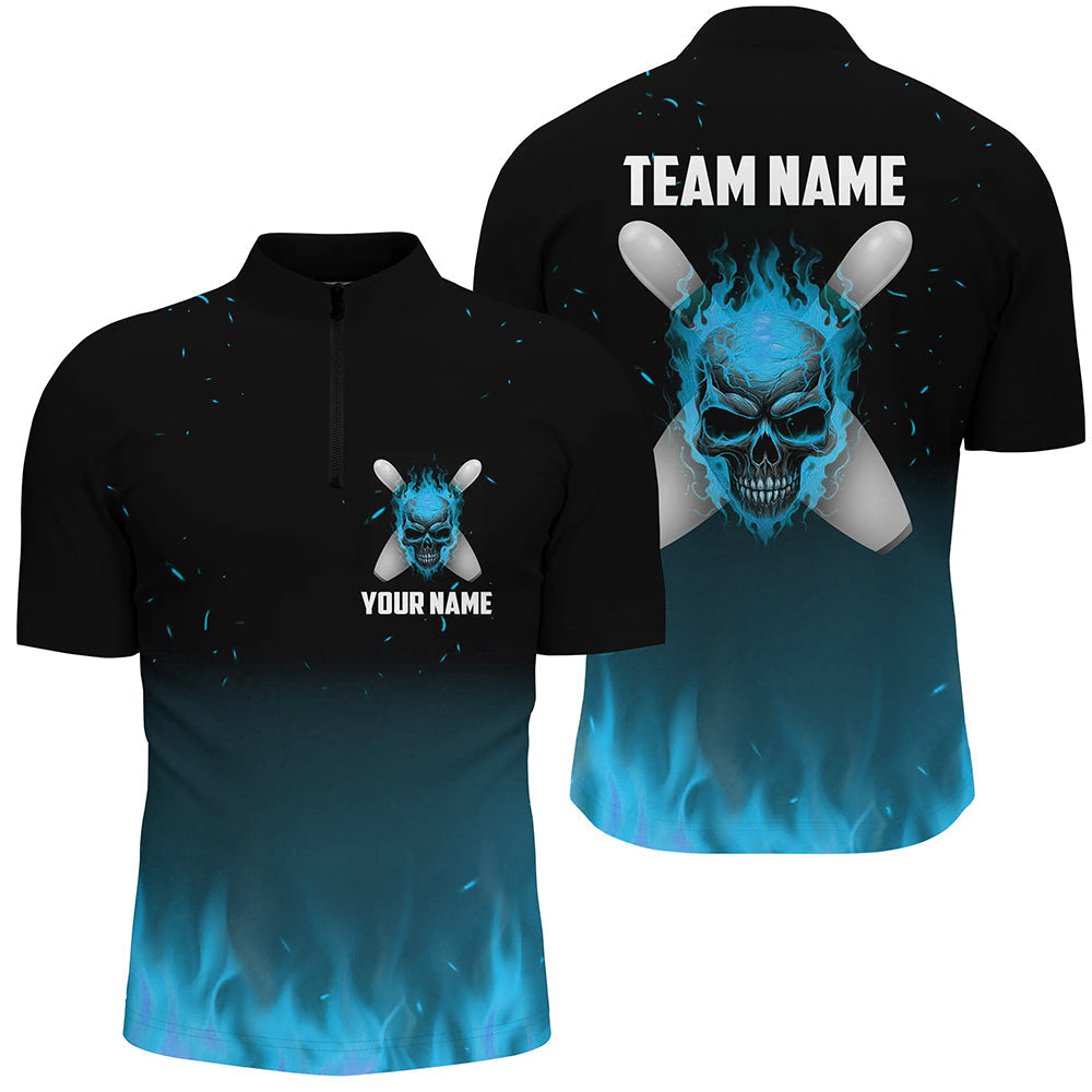 Men's Blue Flame Skull Bowling Quarter Zip Jersey - Halloween Theme I5375