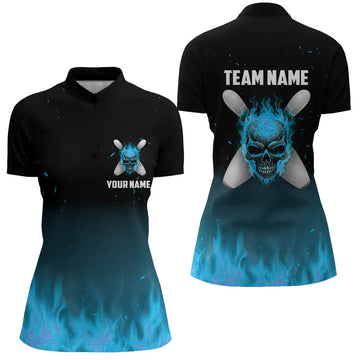 Blue Flame Skull Ladies Bowling Quarter Zip Jersey I5375