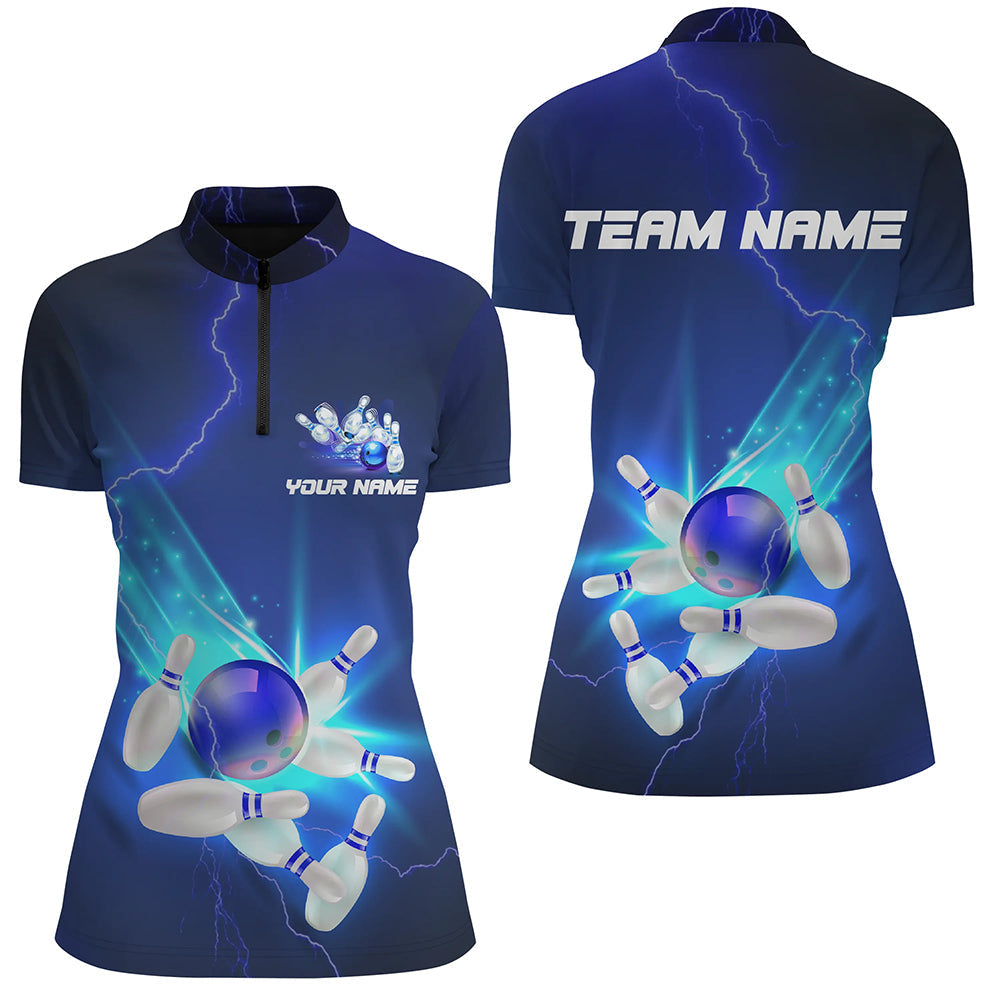 Women's Blue Thunder Lightning Quarter Zip Bowling Shirt I5381