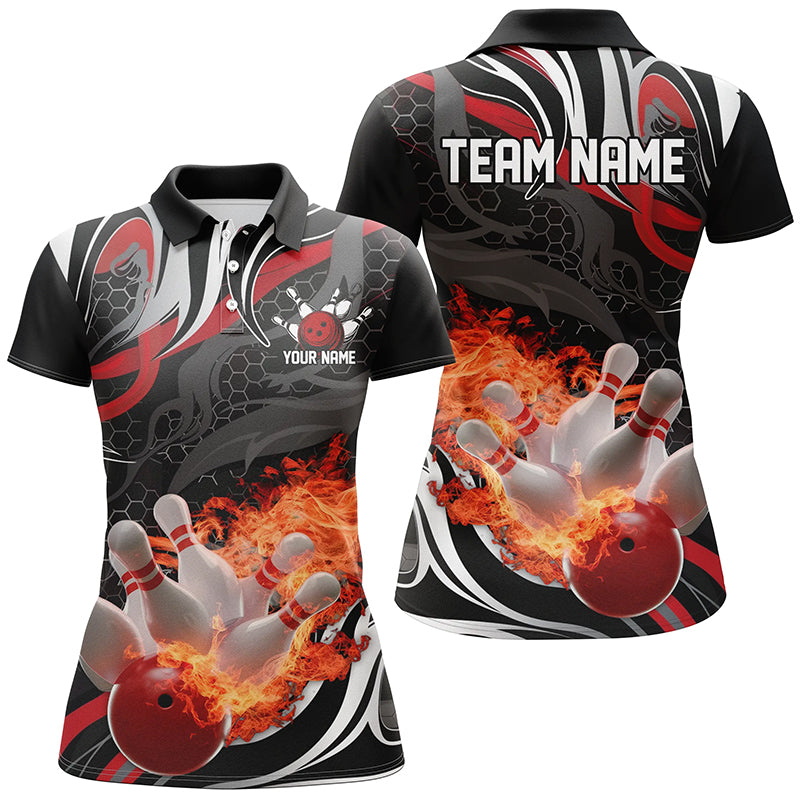 Red & Black Flame Bowling Polo Shirt for Women I6769