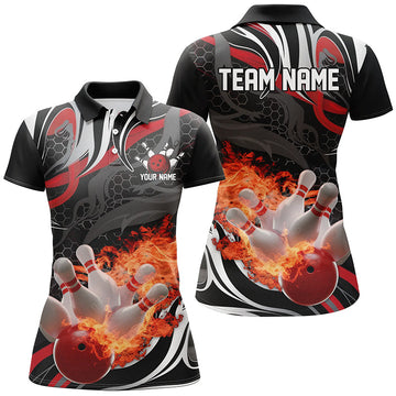 Red & Black Flame Bowling Polo Shirt for Women I6769