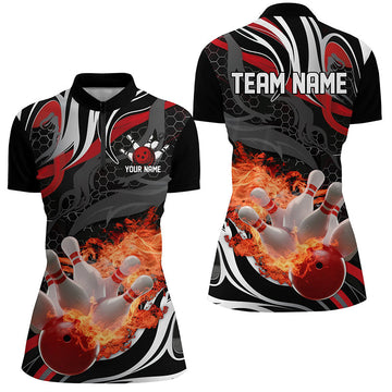 Women's Red & Black Flame Bowling Team Quarter Zip Shirt I6769