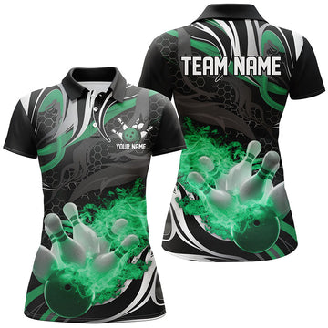 Women's Green & Black Flame Bowling Polo Shirt I6770