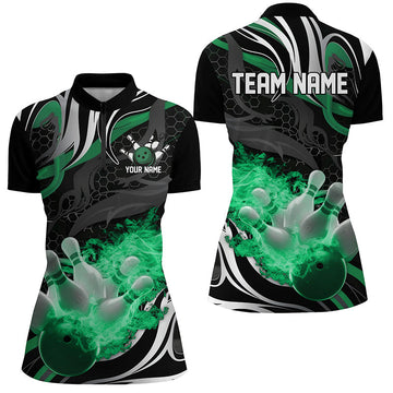 Women's Green & Black Flame Bowling Quarter Zip Shirt I6770