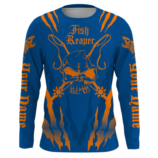 Fish reaper Custom Long Sleeve performance Fishing Shirts, Skull Fishing jerseys | blue and orange IPHW3099