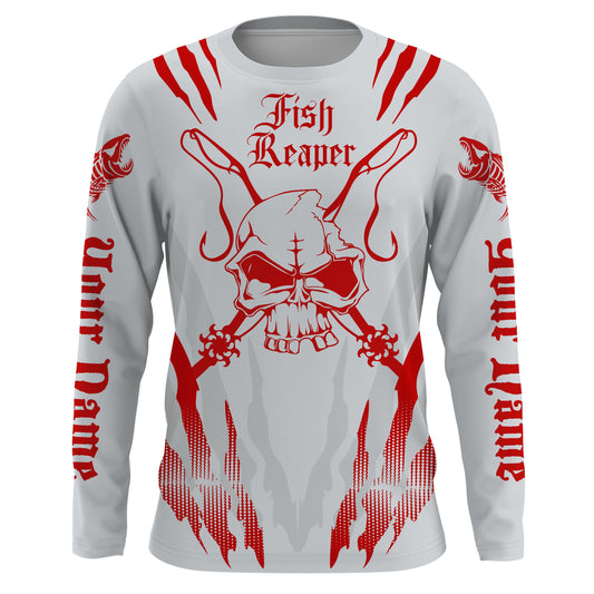 Fish reaper Custom Long Sleeve performance Fishing Shirts, Skull Fishing jerseys | gray and red IPHW3100